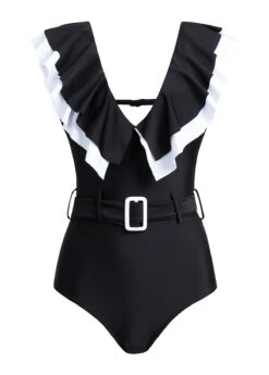Flounce Buckle Detail Black One Piece Swimwear -Rosewe Swimwear Store 1697777580909383201