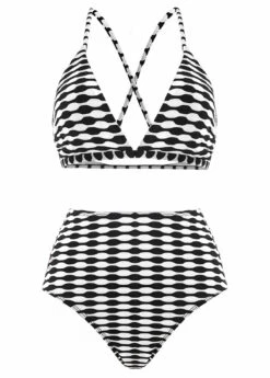 High Waisted Geometric Print Three-piece Black Bikini Set -Rosewe Swimwear Store 1697858560513778001
