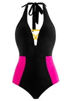 Contrast Cross Strap Black One Piece Swimwear -Rosewe Swimwear Store 1697865283267692822