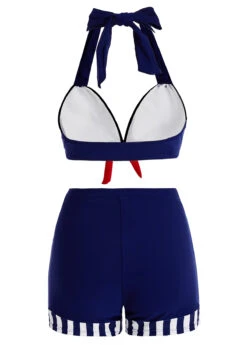 High Waisted Bowknot Navy Bikini Set -Rosewe Swimwear Store 1697888852731492640