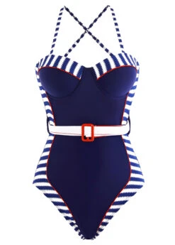 Decorative Belt Navy Blue Striped One Piece Swimwear -Rosewe Swimwear Store 1697889729717023046