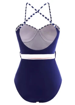 Decorative Belt Navy Blue Striped One Piece Swimwear -Rosewe Swimwear Store 1697889730916169931