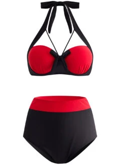 High Waisted Bowknot Color Block Bikini Set 16 High Waisted Bowknot Color Block Bikini Set -Rosewe Swimwear Store 1697971376140760978
