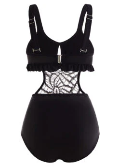 Lace Patchwork Flounce Pierced Black One Piece Swimwear -Rosewe Swimwear Store 1698027505000260584