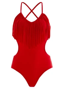 Tassel Spaghetti Strap Red One Piece Swimwear -Rosewe Swimwear Store 1698039315728417974
