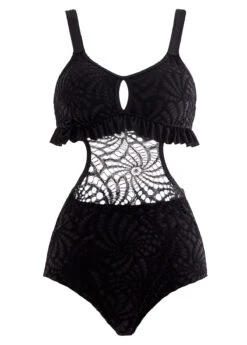 Lace Patchwork Flounce Pierced Black One Piece Swimwear -Rosewe Swimwear Store 1698139154961441880