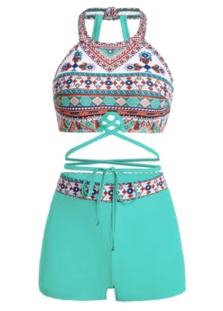 Tie Front Tribal Print Cutout Back Bikini Set -Rosewe Swimwear Store 1698140268987585348