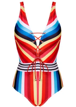 Striped Lace Up Wide Strap One Piece Swimwear -Rosewe Swimwear Store 1698747610562795120