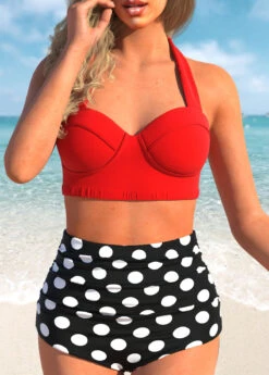 High Waist Polka Dot Print Halter Neck Bikini Set