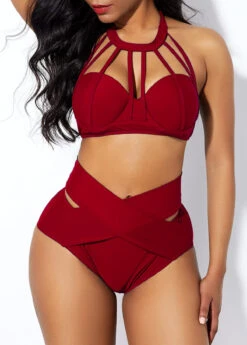 High Waist Cross Front Cage Neck Bikini Set