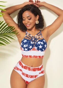 Cross Strap High Waisted American Flag Print Bikini Set