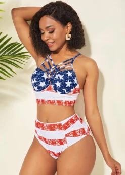 Cross Strap High Waisted American Flag Print Bikini Set -Rosewe Swimwear Store 238530 P 15898559258552