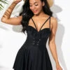 Ruffle Hem Black Lace Up Swimdress And Shorts