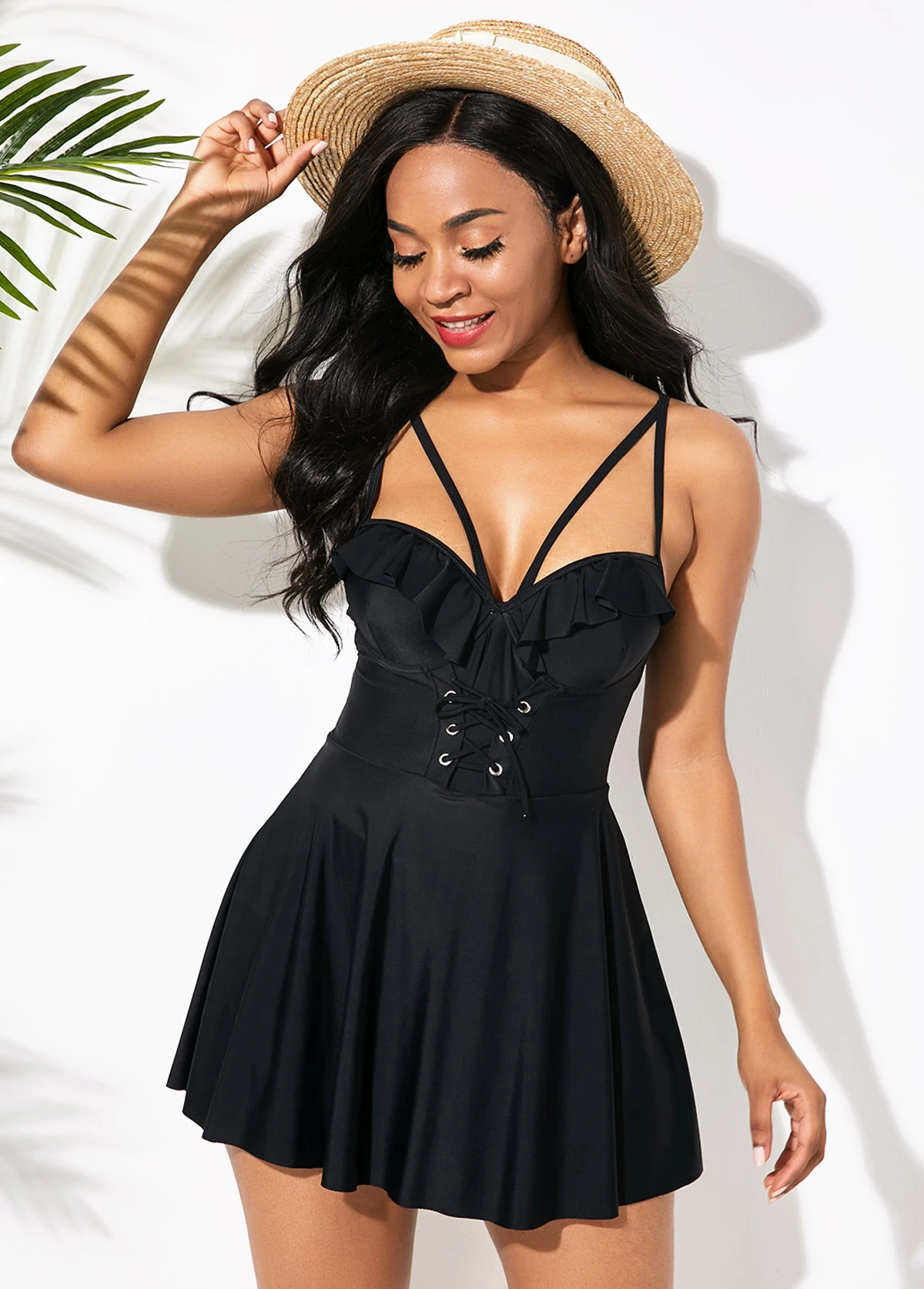 Ruffle Hem Black Lace Up Swimdress And Shorts 3 Ruffle Hem Black Lace Up Swimdress And Shorts