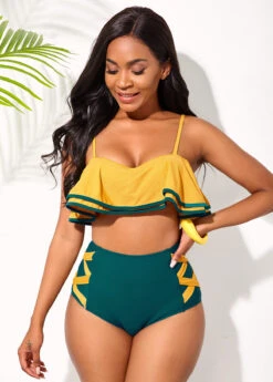 High Waisted Ruffle Hem Spaghetti Strap Bikini Set