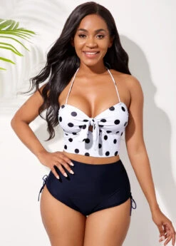 Halter Polka Dot Bowknot High Waisted Bikini Set