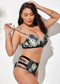 Ladder Cutout Leaf Print High Waist Bikini Set -Rosewe Swimwear Store 260168 P 1628164255232