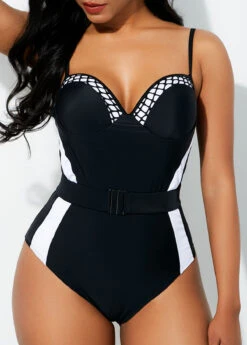Belted Contrast Spaghetti Strap One Piece Swimwear -Rosewe Swimwear Store 260188 P 16070778471993