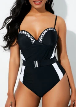Belted Contrast Spaghetti Strap One Piece Swimwear