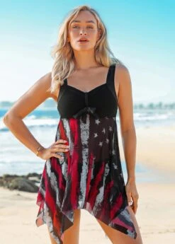 Asymmetric Hem American Flag Print Wide Strap Swimdress And Shorts -Rosewe Swimwear Store 262673 P 16176844231703
