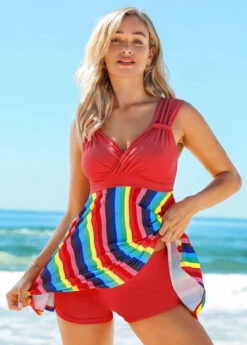 Mid Waist Rainbow Stripe Wide Strap Swimdress And Shorts -Rosewe Swimwear Store 263030 P 16176843145794