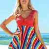 Mid Waist Rainbow Stripe Wide Strap Swimdress And Shorts -Rosewe Swimwear Store 263030 P 16176843147660
