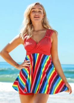 Mid Waist Rainbow Stripe Wide Strap Swimdress And Shorts