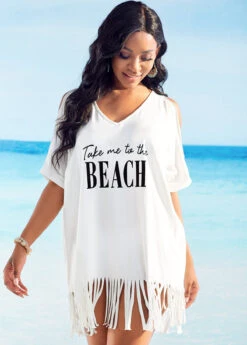 Cold Shoulder Letter Print Tassel Hem Cover Up -Rosewe Swimwear Store 264651 P 1638053741885
