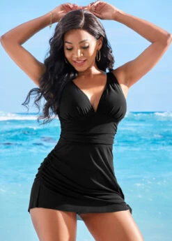 Solid Tie Side Shirred V Neck Swimdress And Panty -Rosewe Swimwear Store 265245 P 16225107574023