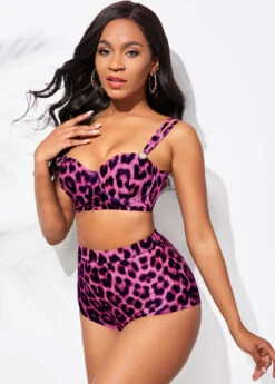 High Waisted Double Strap Leopard Print Bikini Set -Rosewe Swimwear Store 266440 P 16142414457242