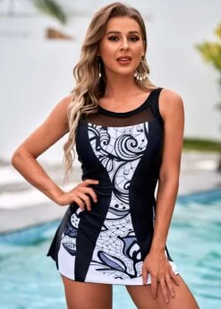 Round Neck Printed Cutout Back Swimdress And Panty -Rosewe Swimwear Store 266511 P 16156865229312