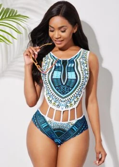 Dashiki Print Cutout Waist One Piece Swimwear