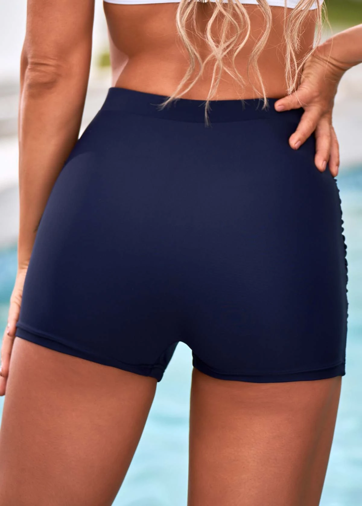 Navy Blue Ruched High Waisted Swim Shorts 4 Navy Blue Ruched High Waisted Swim Shorts - Image 2