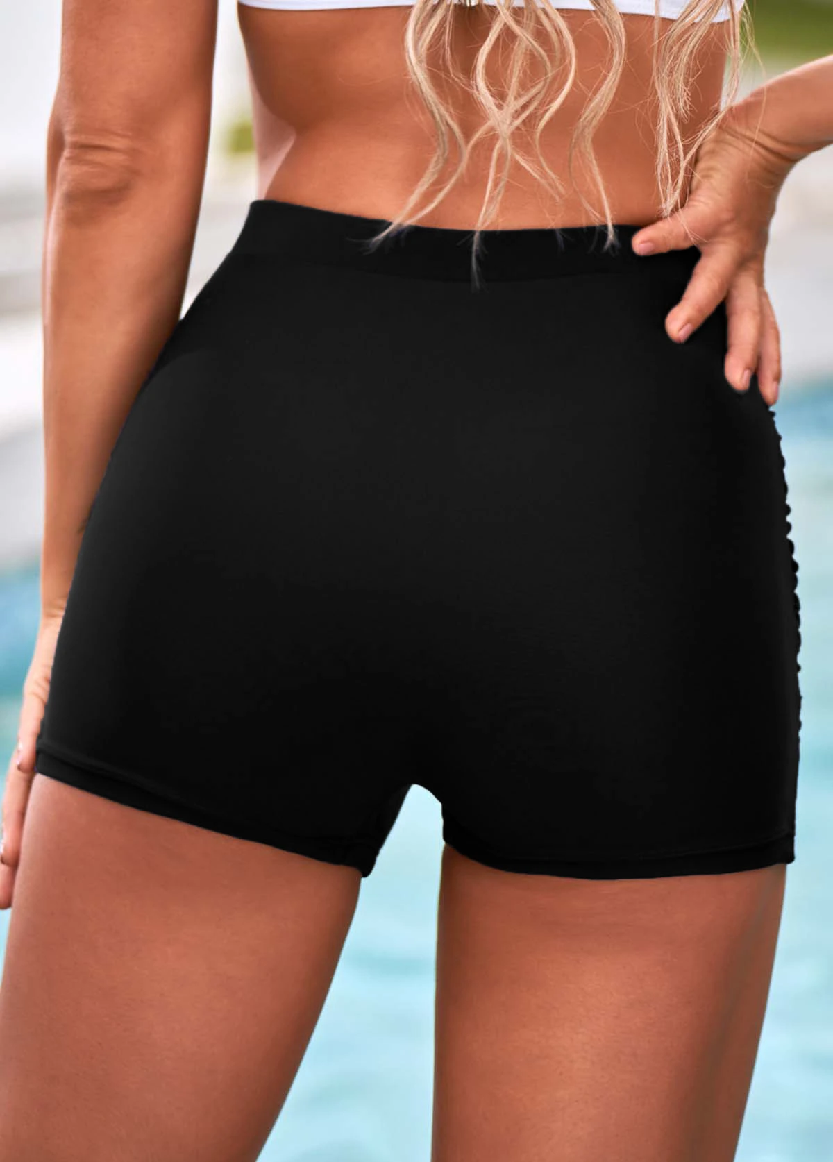 High Waisted Black Ruched Swim Shorts 4 High Waisted Black Ruched Swim Shorts - Image 2