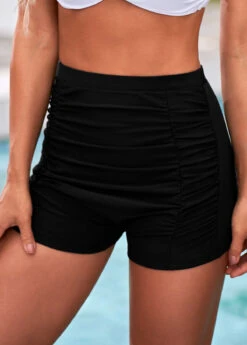 High Waisted Black Ruched Swim Shorts