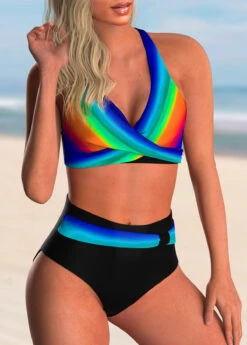 High Waisted Rainbow Color Cross Front Bikini Set -Rosewe Swimwear Store 267412 P 1620463822136