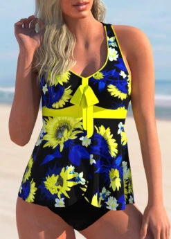 Bowknot Cross Strap Floral Print Tankini Set