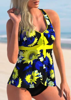Bowknot Cross Strap Floral Print Tankini Set -Rosewe Swimwear Store 267500 P 1614928986199