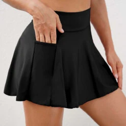 Pocket High Waisted Black Pleated Hem Swim Skirt