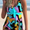 Criss Cross Back Geometric Print Bowknot Tankini Set