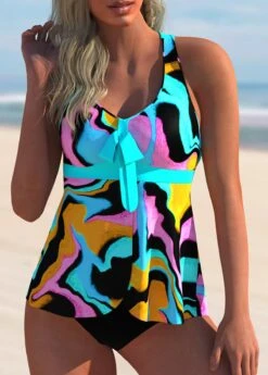 Criss Cross Back Geometric Print Bowknot Tankini Set