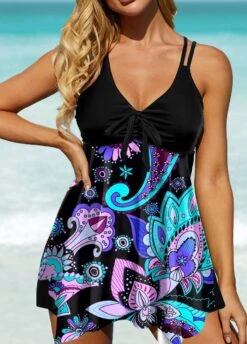 Paisley Print Asymmetric Hem Swimdress And Shorts