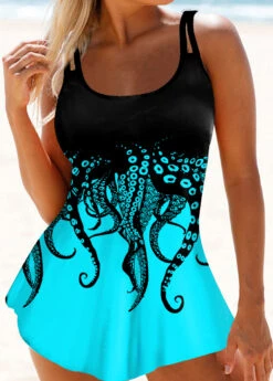 Octopus Print Double Strap Swimdress And Panty