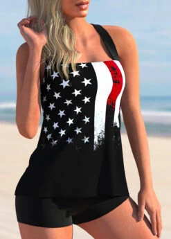 American Flag Print Cross Strap Tankini Set -Rosewe Swimwear Store 269508 P 1616649111577