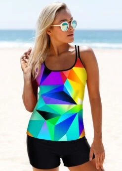 Colorful Geometric Print Spaghetti Strap Tankini Set -Rosewe Swimwear Store 270220 P 1620801424883