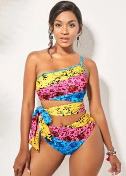 Printed Rainbow Color Tie Side Bikini Set -Rosewe Swimwear Store 270546 P 16221796440094