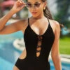 Solid Lace Up Cross Strap One Piece Swimwear -Rosewe Swimwear Store 270909 P 16249602986660
