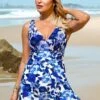 Blue Wide Strap Floral Print Swimdress And Shorts -Rosewe Swimwear Store 271408 P 16220149488590