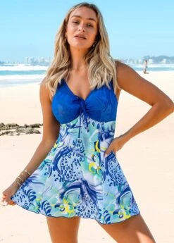 Wide Strap Printed Mesh Stitching Swimdress And Shorts