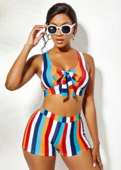 Bowknot Rainbow Stripe High Waisted Bikini Set